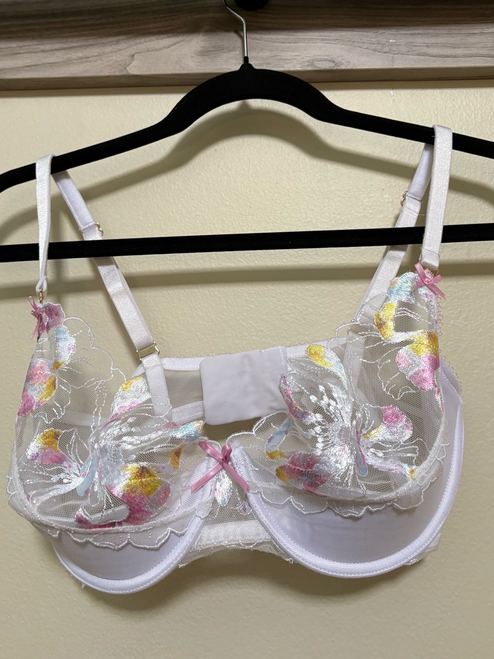 Honey Birdette White Sheer Embroidered Bra with Pink Accents